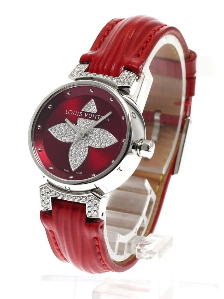 Louis Vuitton Tambour Forever Q121l Diamond Red Dial Quartz Ladies Watch